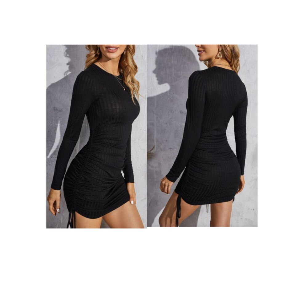 Women's Black Marled Ribbed Knit Drawstring Side-Bodycon-Dress Size M (6)